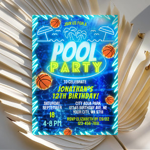 Invitation Fête d'anniversaire garçons piscine néon bleu Bask