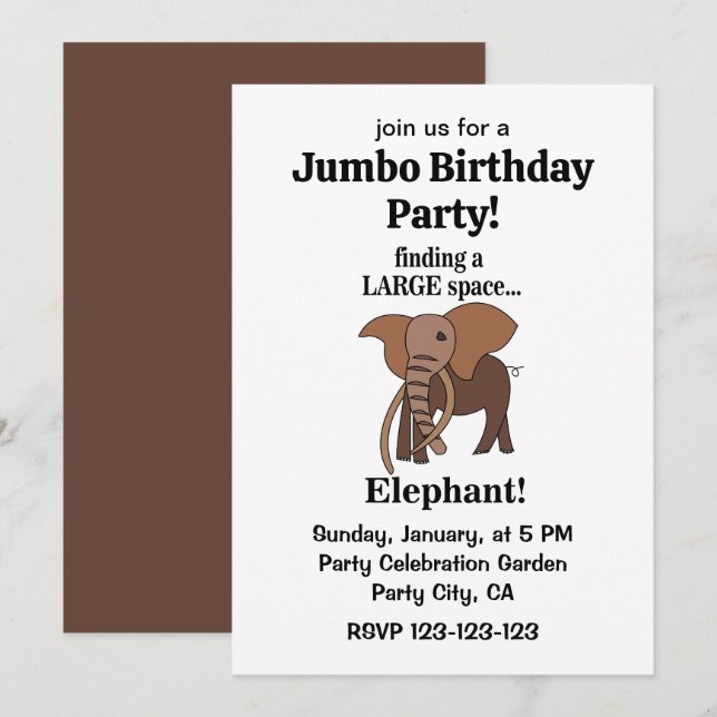Invitation Fête d'anniversaire géante éléphant drôle (Devant / Derrière)
