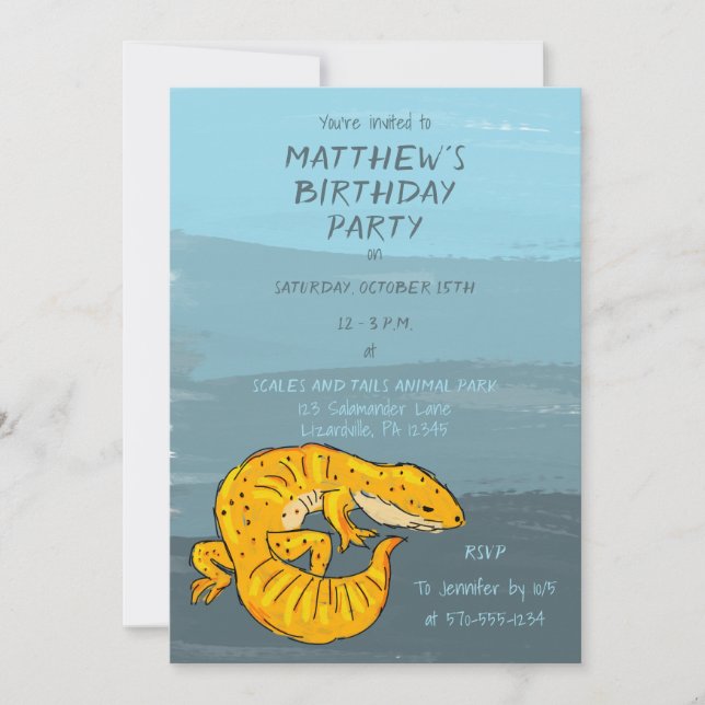 Invitation Fête d'anniversaire Gecko Lizard orange et bleu (Devant)