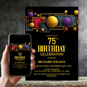 Invitation Fête d'anniversaire géométrique colorée de 75 ans