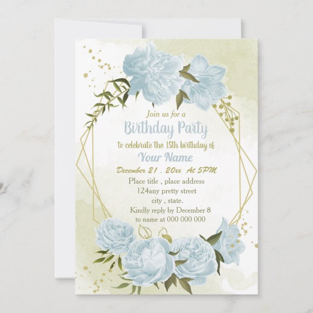 Invitation fête d'anniversaire géométrique des fleurs bleues  (Devant)