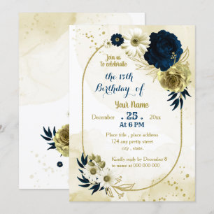 Invitation Fête d'anniversaire géométrique en ivoire fleurie 