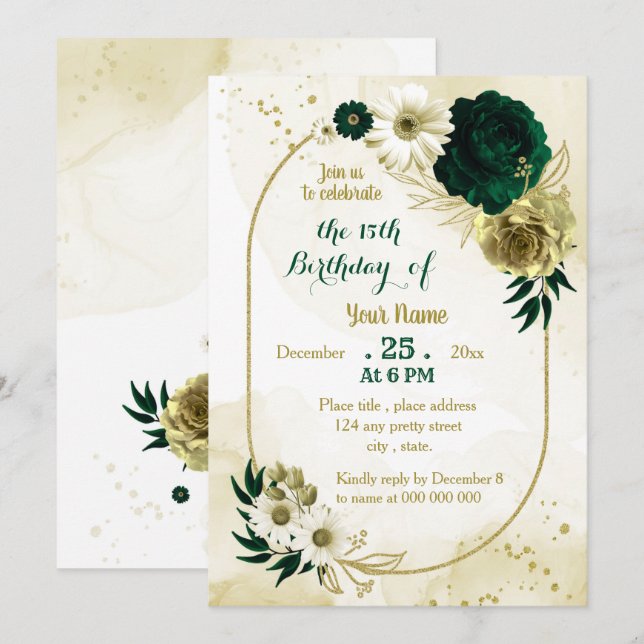 Invitation Fête d'anniversaire géométrique en ivoire vert éme (Devant / Derrière)