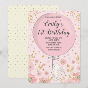 Invitation Fête d'anniversaire Girly de lapin de rose en