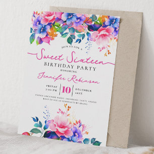 Invitation Fête d'anniversaire Girly Rainbow Floral Sweet 16