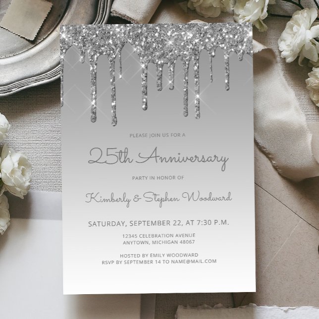 Invitation Fête d'anniversaire Glam Glitter Drip Silver 25e (Créateur téléchargé)