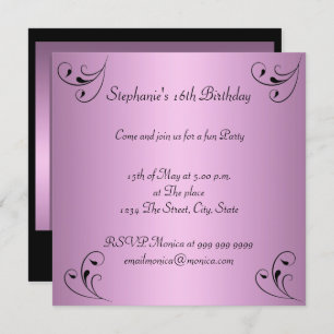 Invitation Fête d'anniversaire Glamor rose Black Sweet 16