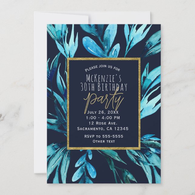 Invitation Fête d'anniversaire glamour botanique aquarelle bl (Devant)