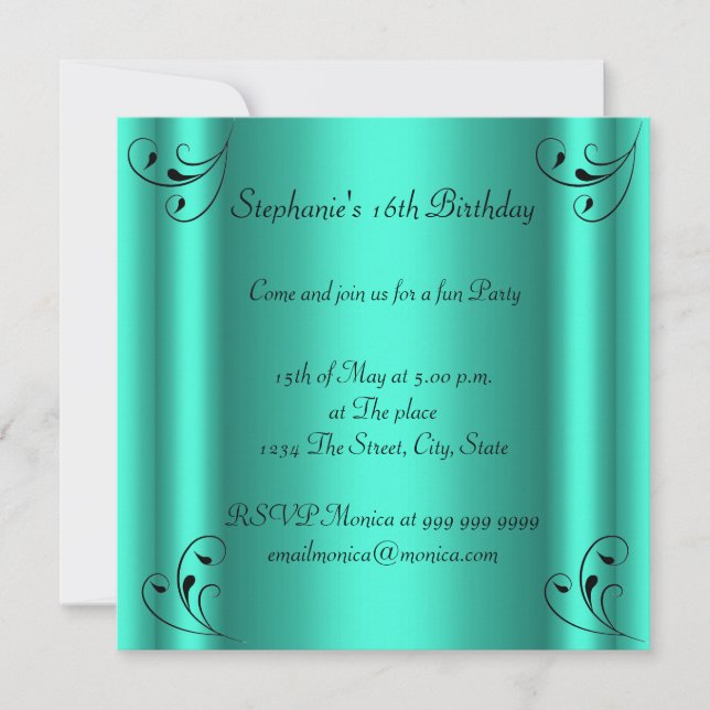 Invitation Fête d'anniversaire Glamour chaud Turquoise noir s (Devant)