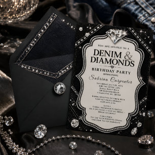 Invitation Fête d'anniversaire glamour en denim noir et diama