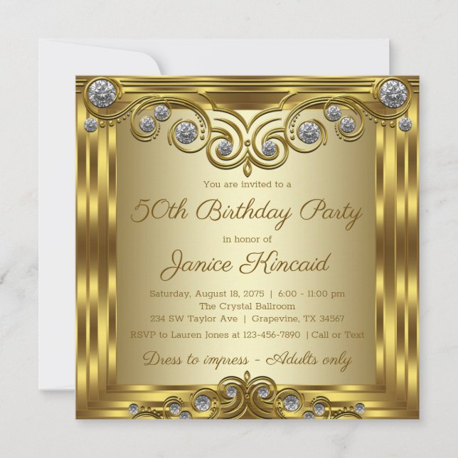 Invitation Fête d'anniversaire glamour or diamant femme (Devant)
