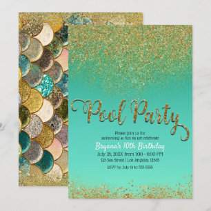 Invitation Fête d'anniversaire glamour sirène piscine or pail