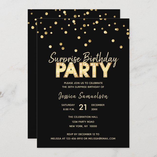 Invitation FÊTE D'ANNIVERSAIRE Gold Black SURPRISE (Devant / Derrière)