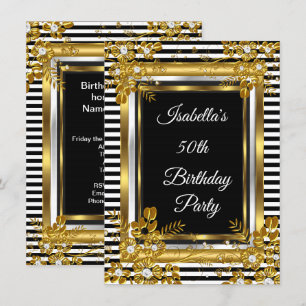 Invitation Fête d'anniversaire Gold Black White Strial Floral
