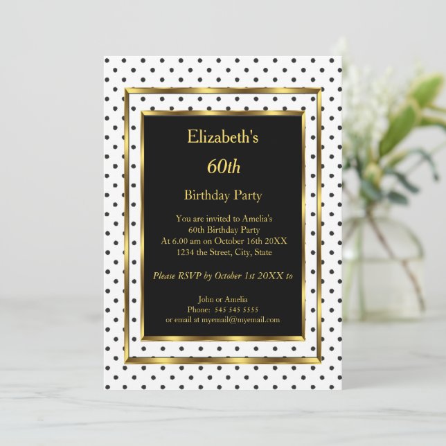 Invitation Fête d'anniversaire Gold Blanc Noir Pois (Debout devant)
