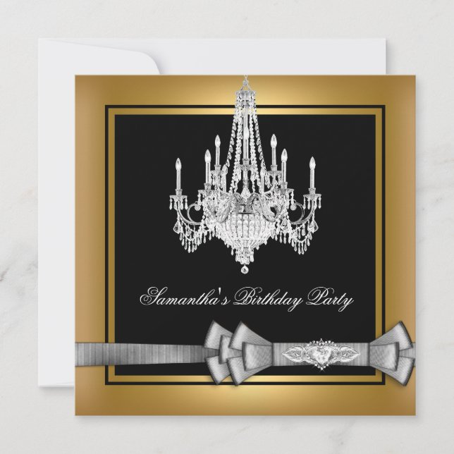 Invitation Fête d'anniversaire Gold Chandelier noir Argent Bo (Devant)