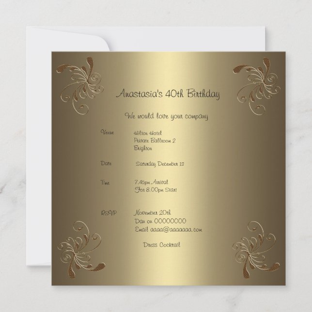 Invitation Fête d'anniversaire Gold Floral 40e (Devant)