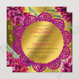 Invitation Fête d'anniversaire Golden Floral Peony rose vert