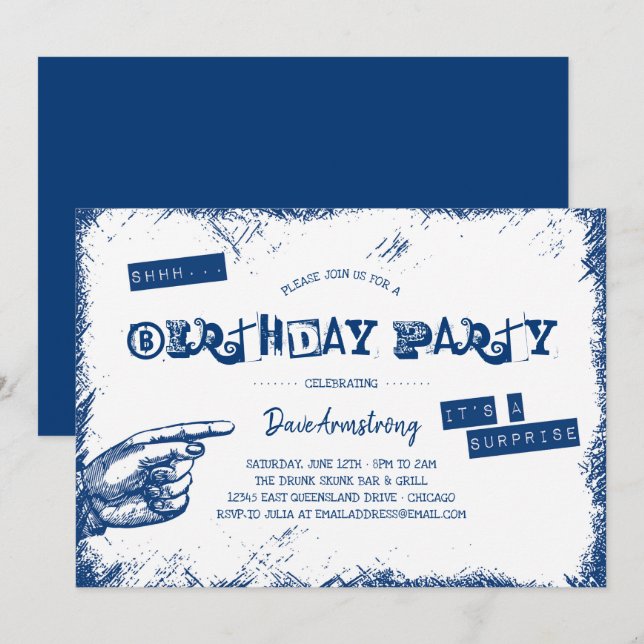 Invitation Fête d'anniversaire grunge de surprise Shhh (Devant / Derrière)