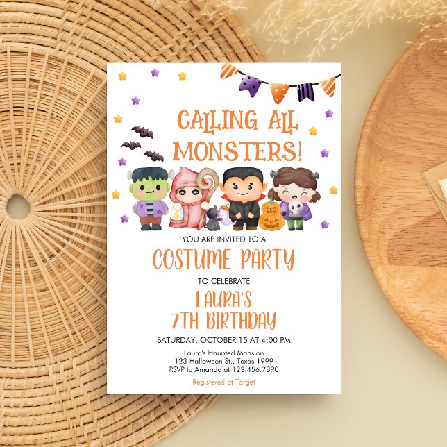 Invitation Fête d'anniversaire Halloween : Appel à tous les m (Calling All Monsters Spooktacular Halloween Costume Birthday Party Invitation)