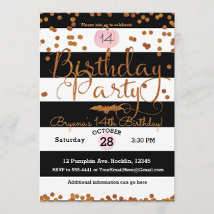 Invitation Fête d'anniversaire Halloween Noir Blanc Rose Oran