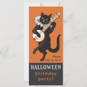 Invitation Fête d'anniversaire Halloween noir chat banjo CC11