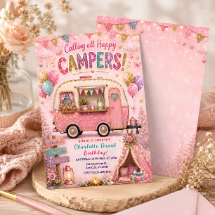 Invitation Fête d'anniversaire Happy Camper rose