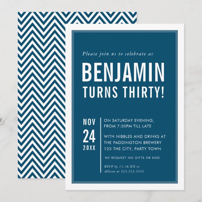 Invitation FÊTE D'ANNIVERSAIRE HOMME typographie moderne mari (Devant / Derrière)