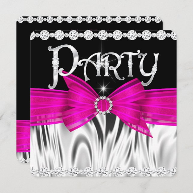 Invitation Fête d'anniversaire Hot Rose Bow Black Silver (Devant / Derrière)