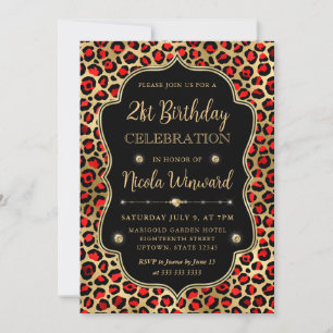 Invitation Fête d'anniversaire imprimé léopard or et rouge