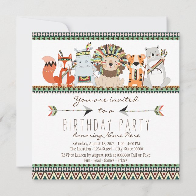 Invitation Fête d'anniversaire indienne des enfants d'animaux (Devant)