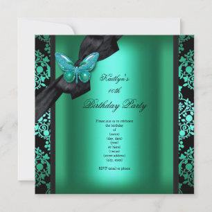 Invitation Fête d'anniversaire Jade Green Black Damask Papill