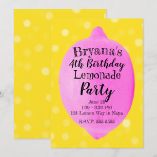 Invitation Fête d'anniversaire jaune citronnade au citron ros