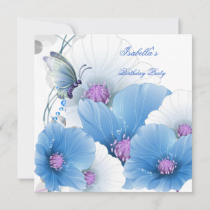 Invitation Fête d'anniversaire Joli papillon floral bleu blan