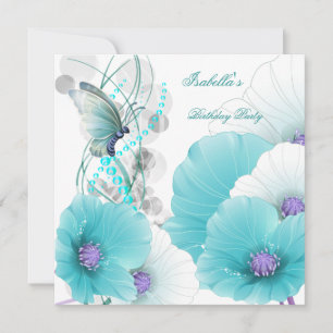 Invitation Fête d'anniversaire Joli papillon floral sarcelle