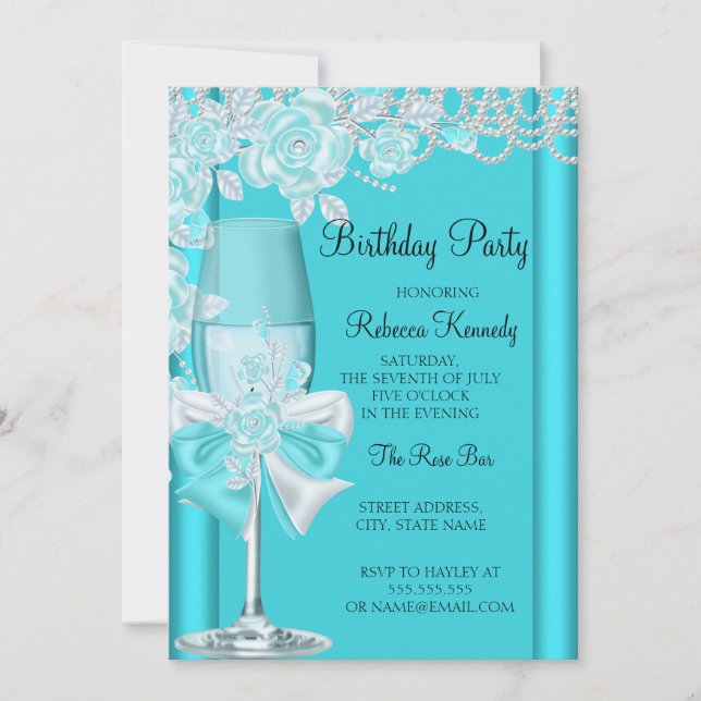 Invitation Fête d'anniversaire Joli Turquoise Blue Rose Champ (Devant)