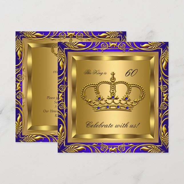 Invitation Fête d'anniversaire King ou Queen Royal Blue Gold (Devant / Derrière)