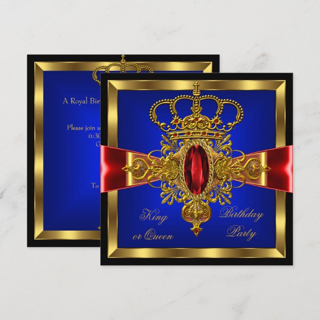 Invitation Fête d'anniversaire King ou Queen Royal Blue Red (Devant / Derrière)