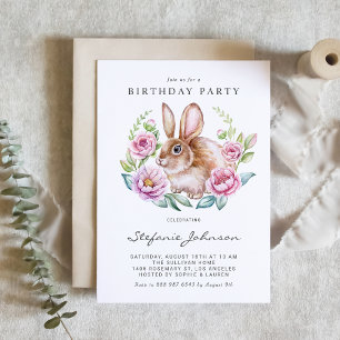 Invitation Fête d'anniversaire Lapin à l'aquarelle et fleurs