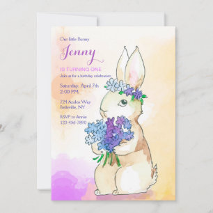 Invitation Fête d'anniversaire Lapin avec bouquet de fleurs