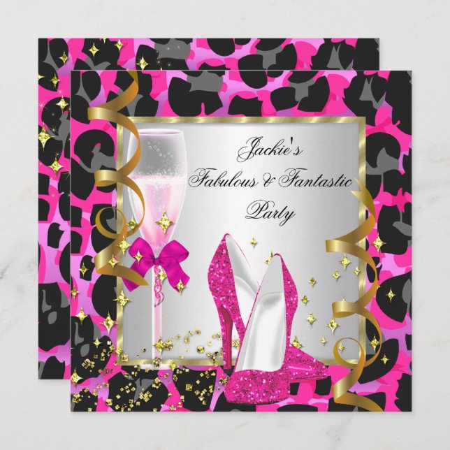 Invitation Fête d'anniversaire Leopard Rose Hot Black Silver (Devant / Derrière)