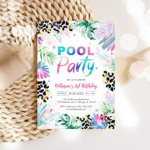 Invitation Fête d'anniversaire léopard safari jungle Piscine 