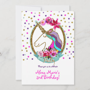 Invitation Fête d'anniversaire licorne à pois avec paillettes