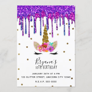 Invitation Fête d'anniversaire licorne avec coulure de paille