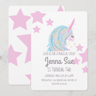 Invitation Fête d'anniversaire Licorne Colorée et Étoiles Ros