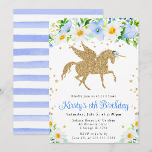 Invitation Fête d'anniversaire licorne dorée fleurs bleues ma