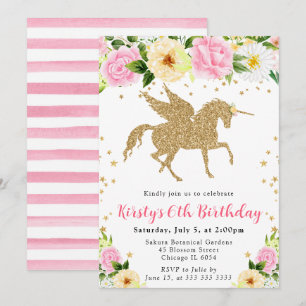 Invitation Fête d'anniversaire licorne dorée fleurs jaunes ro