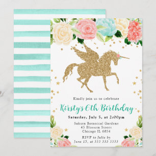 Invitation Fête d'anniversaire licorne dorée fleurs menthe ro