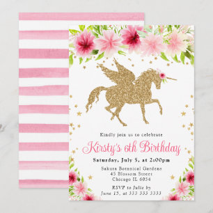 Invitation Fête d'anniversaire licorne dorée fleurs roses aqu