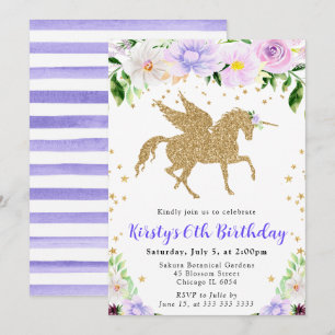 Invitation Fête d'anniversaire licorne dorée fleurs violettes